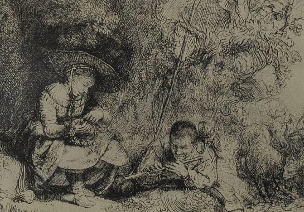 REMBRANDT, Harmenszoon van Rijn (1606-1669) - Girl with Posy and Young Flautist Image 1++