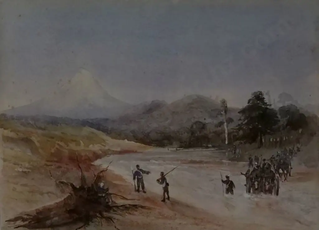 WILLIAMS, E.A. (1824-1898) - Bullock Drays Crossing River Below Mount Egmont 1865 Image 1++