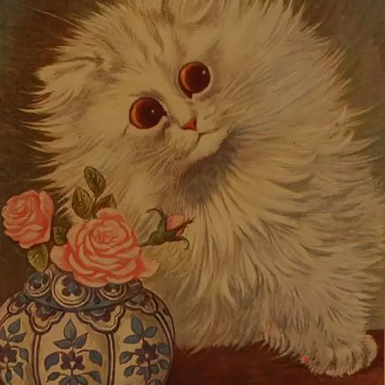 WAIN, Louis (1860-1939) - Pussykins next to Vase of Flowers - Original Colour plate from Louis Wain's Annual - 1914