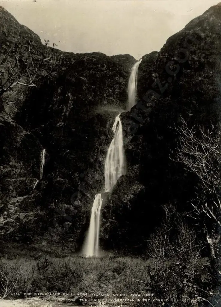 BURTON BROS - Dunedin (1870s-1890s) - The Sutherland Fall Near Milford Sound, 1897 Image 1++