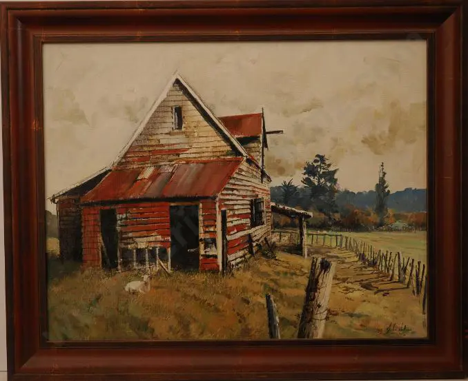HOLMES, John (Active 1960s/70s) - Run-down Farmhouse with Sheep Image 1++