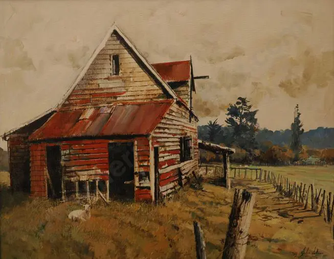 HOLMES, John (Active 1960s/70s) - Run-down Farmhouse with Sheep Image 1++