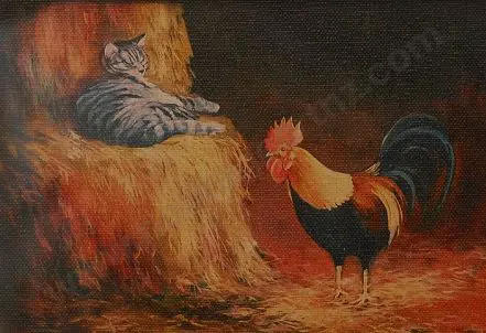 PAPPS, Ernest (1929-) - Cat & Rooster in Barn Image 1++