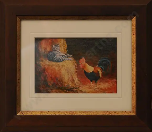 PAPPS, Ernest (1929-) - Cat & Rooster in Barn Image 1++