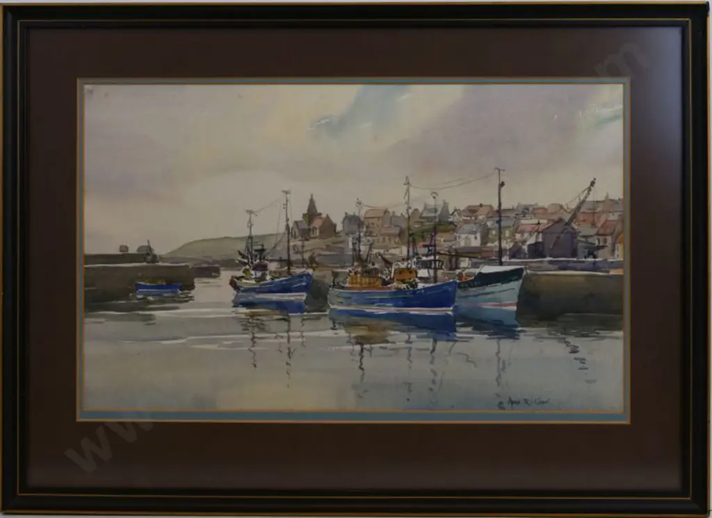 COOK, Alan Reid (1920-1974) - Fishing Boats in Village Harbour Image 1++