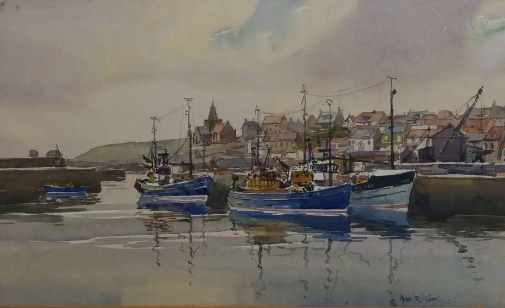 COOK, Alan Reid (1920-1974) - Fishing Boats in Village Harbour Image 1++