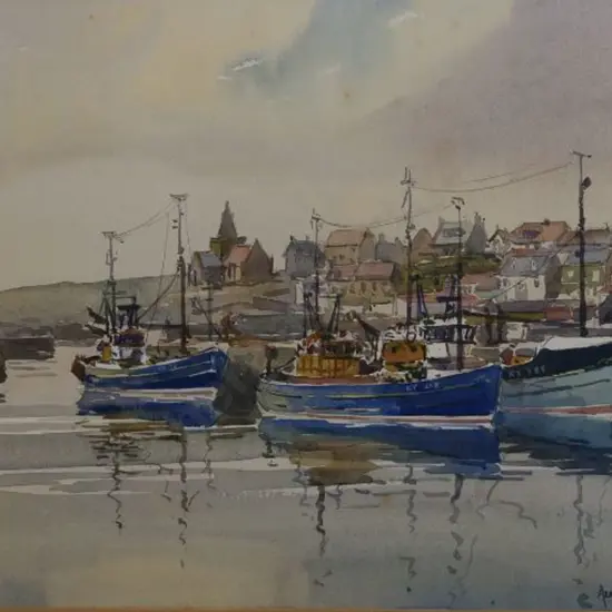 COOK, Alan Reid (1920-1974) - Fishing Boats in Village Harbour