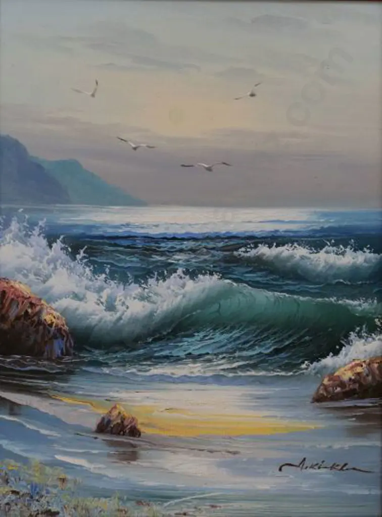 UNKNOWN Artist - Waves Breaking on Shore with Seagulls Image 1++
