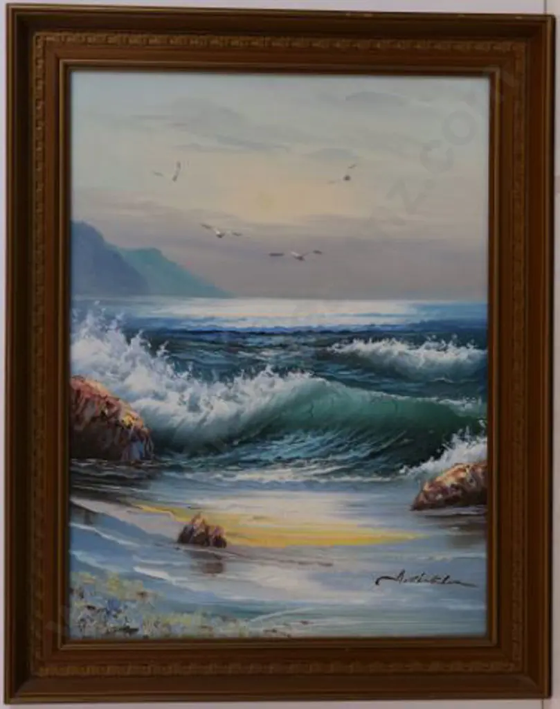 UNKNOWN Artist - Waves Breaking on Shore with Seagulls Image 1++