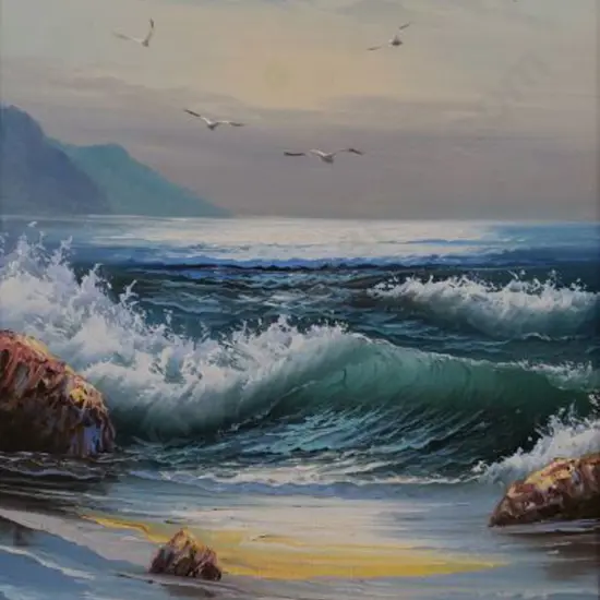 UNKNOWN Artist - Waves Breaking on Shore with Seagulls
