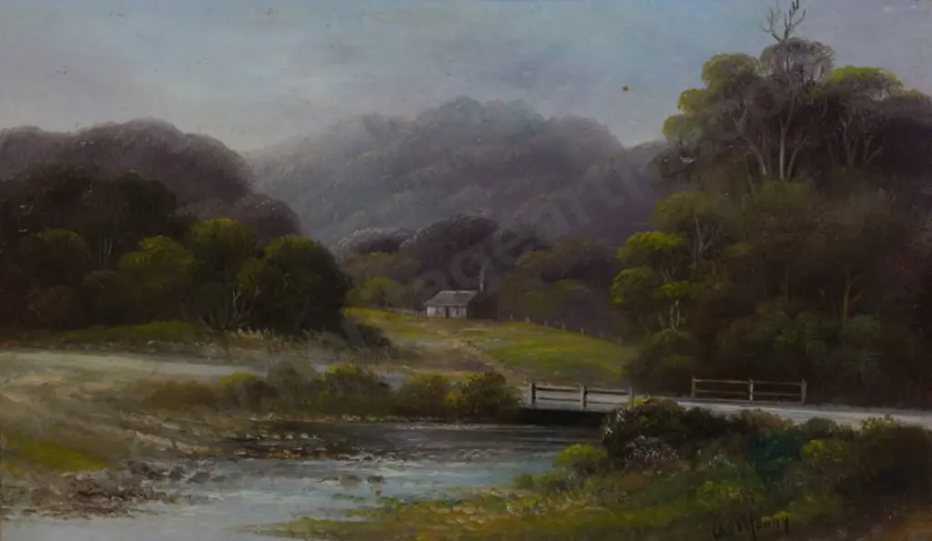 YOUNG, Chas (Active 1884-1918) - Country Cottage with Native Bush and Stream Image 1++