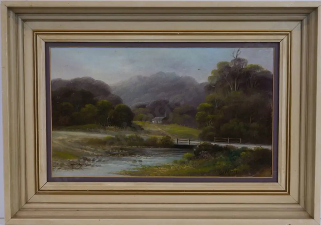 YOUNG, Chas (Active 1884-1918) - Country Cottage with Native Bush and Stream Image 1++