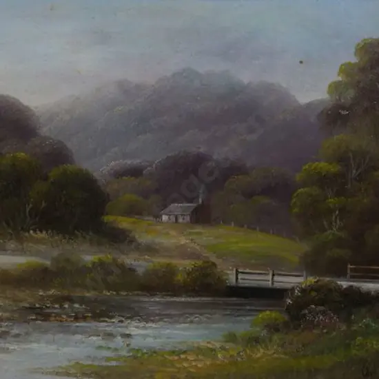 YOUNG, Chas (Active 1884-1918) - Country Cottage with Native Bush and Stream