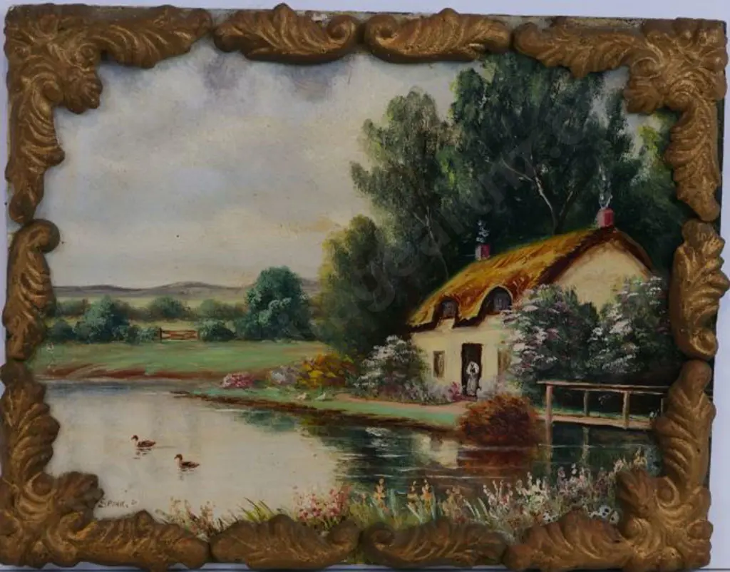 SPINK, George Gold (1889-1962) - Country Cottage with Ducks in Pond Image 1++