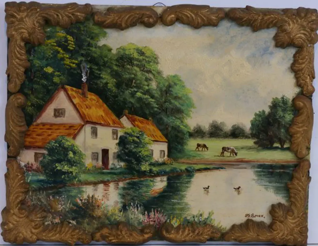 SPINK, George Gold (1889-1962) - Country Cottage with Two Cows & Ducks Image 1++