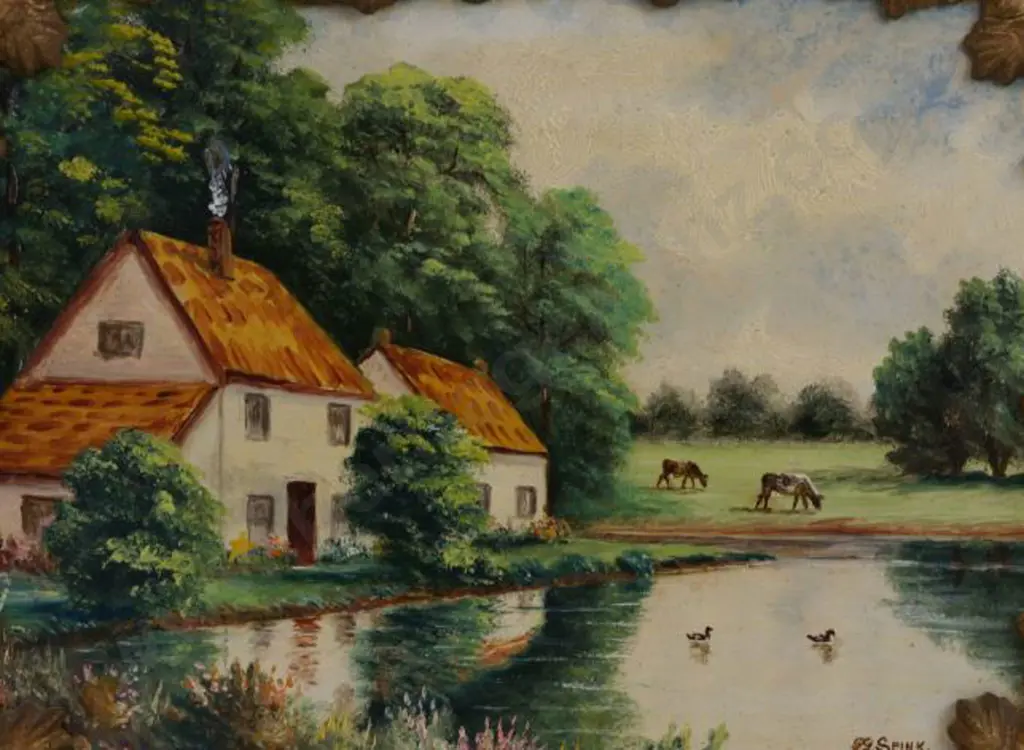 SPINK, George Gold (1889-1962) - Country Cottage with Two Cows & Ducks Image 1++