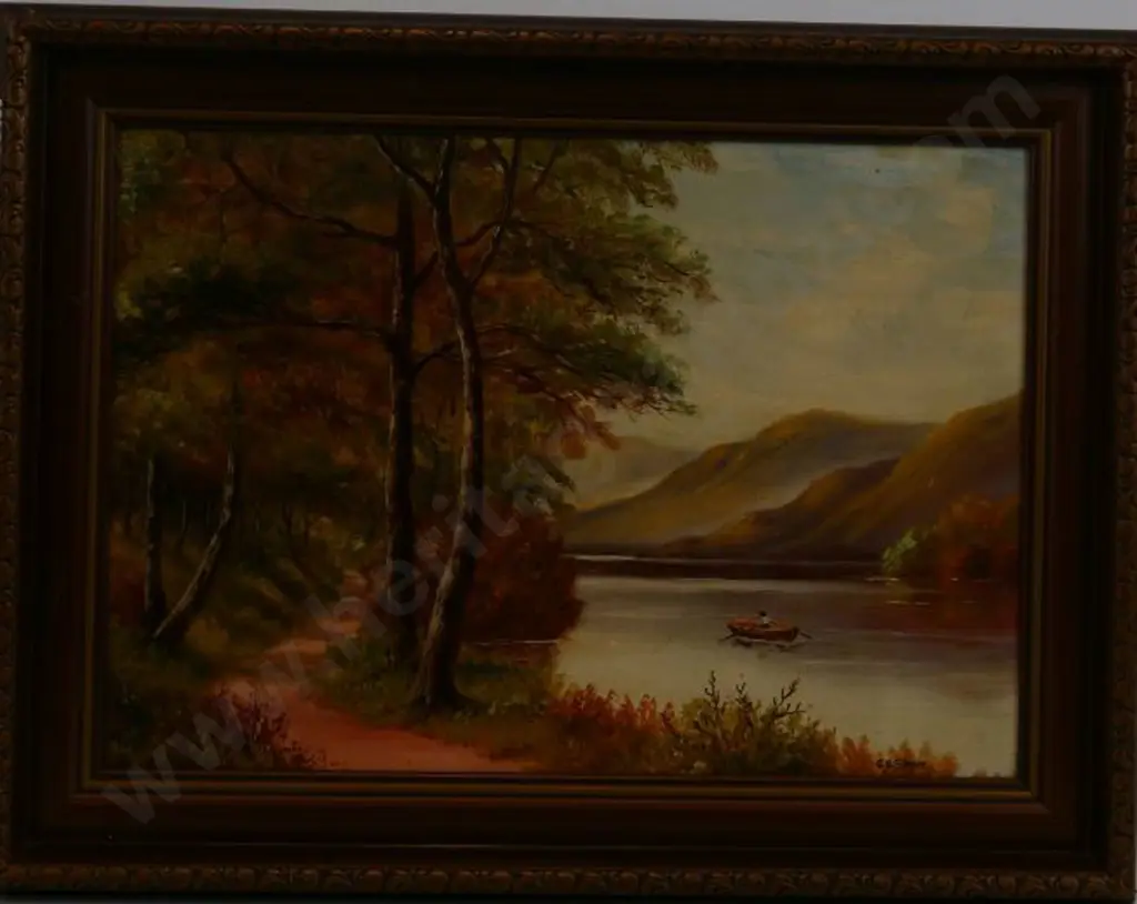 SPINK, George Gold (1889-1962) - Man in Boat with Forest Path Image 1++