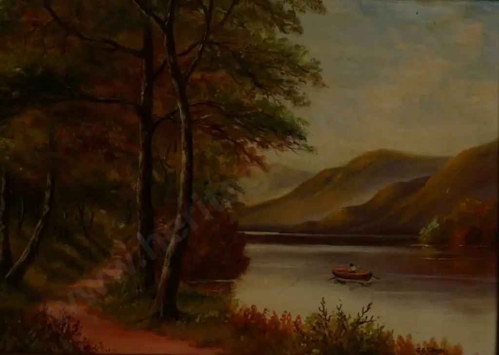 SPINK, George Gold (1889-1962) - Man in Boat with Forest Path Image 1++