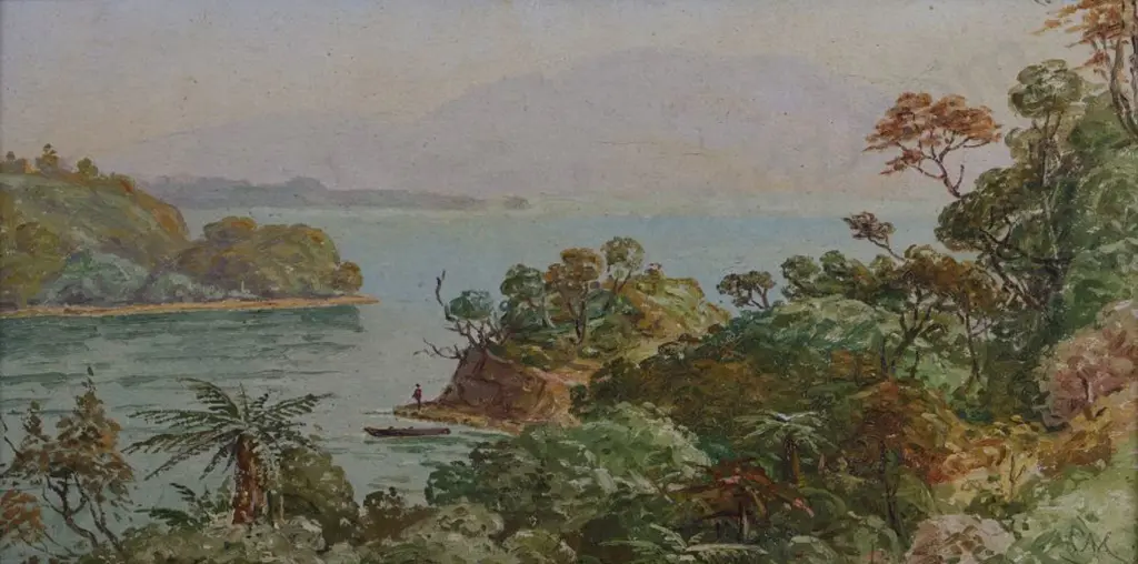 TROTTER, M.N. - Native Bush and Lake with Man Fishing Image 1++