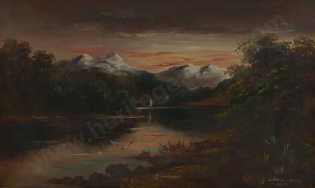 HOLLOBON, Jesse (1860-1945) - Southern Alps, West Coast with Seagulls Image 1++