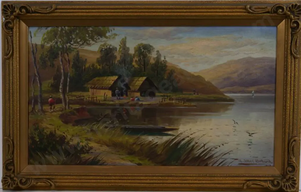 BOLLARD, William Allan (1869-1943) - Lake Hawea with Two Whares Image 1++