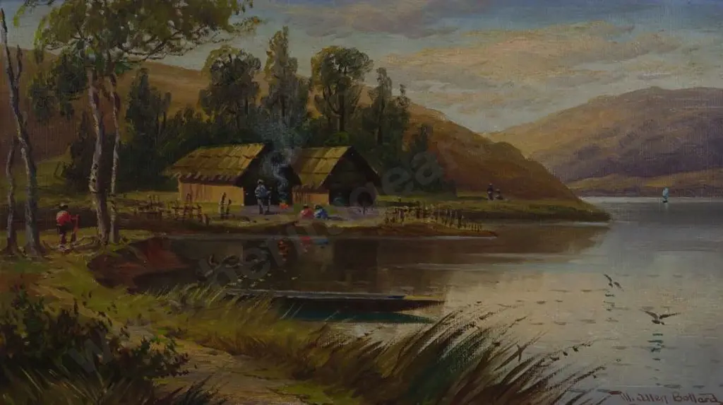 BOLLARD, William Allan (1869-1943) - Lake Hawea with Two Whares Image 1++