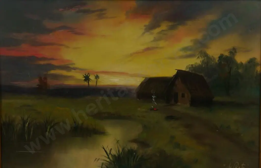 DE RITZ, George (1875-1953) - Maori Whare on Stream Image 1++