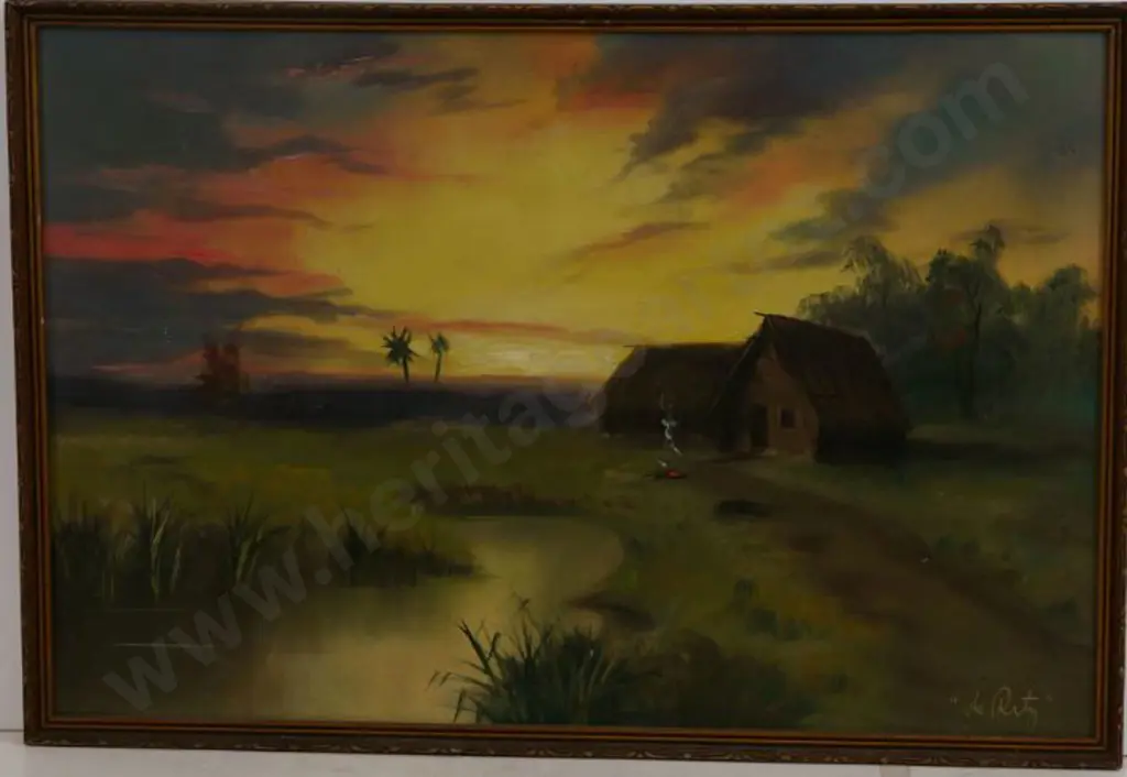 DE RITZ, George (1875-1953) - Maori Whare on Stream Image 1++