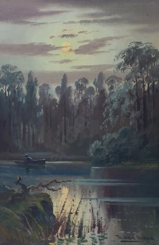 BOLLARD, William Allan (1869-1943) - Moonlit Forest Scene with Fisherman in  Boat on River Image 1++