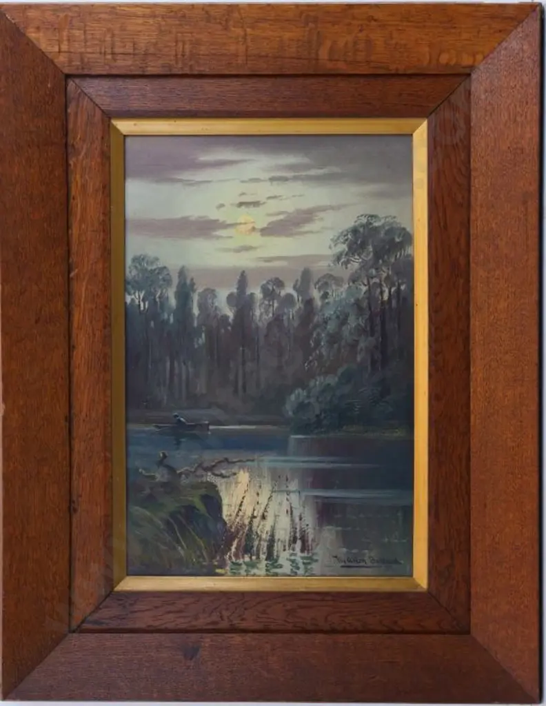 BOLLARD, William Allan (1869-1943) - Moonlit Forest Scene with Fisherman in  Boat on River Image 1++
