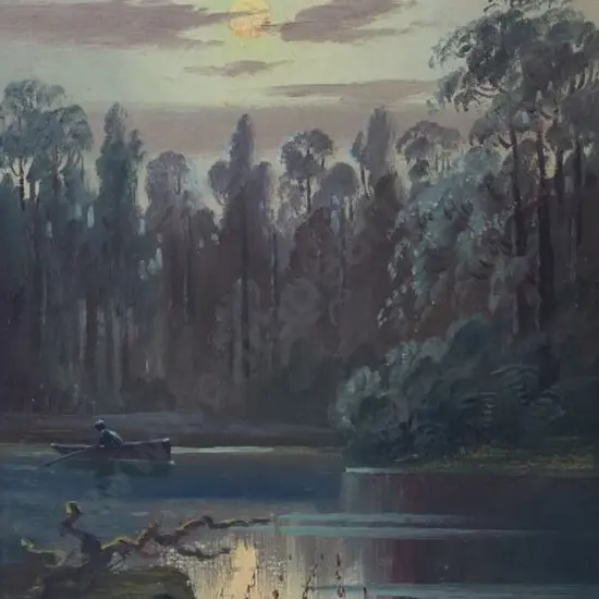 BOLLARD, William Allan (1869-1943) - Moonlit Forest Scene with Fisherman in  Boat on River