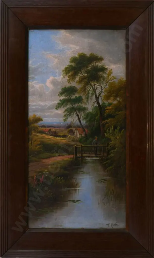 HEATON. Edward (1824-) - Country Cottage with Stream and Young Man on Bridge Image 1++