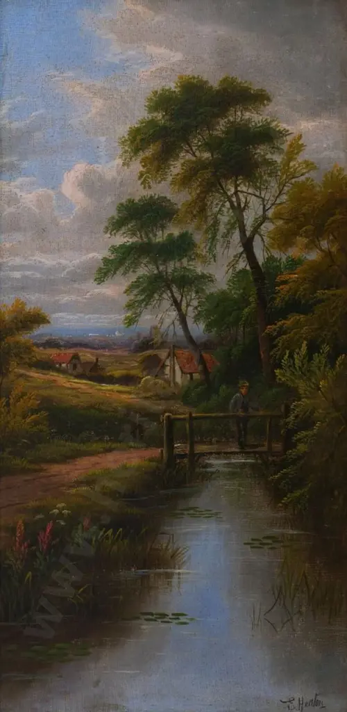 HEATON. Edward (1824-) - Country Cottage with Stream and Young Man on Bridge Image 1++