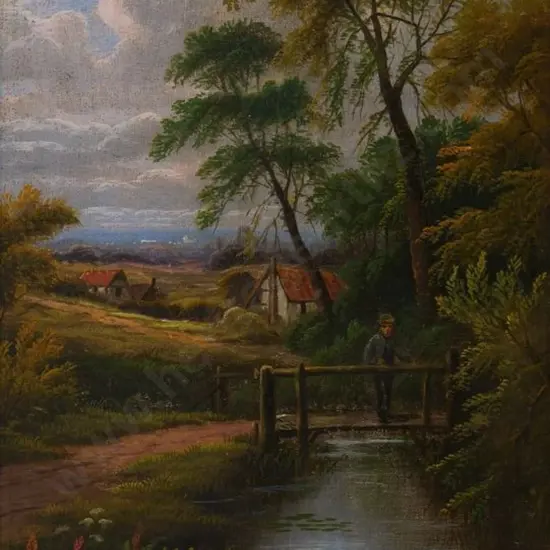 HEATON. Edward (1824-) - Country Cottage with Stream and Young Man on Bridge