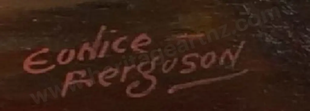 FERGUSON, Eunice - Two Whares on River Image 1++