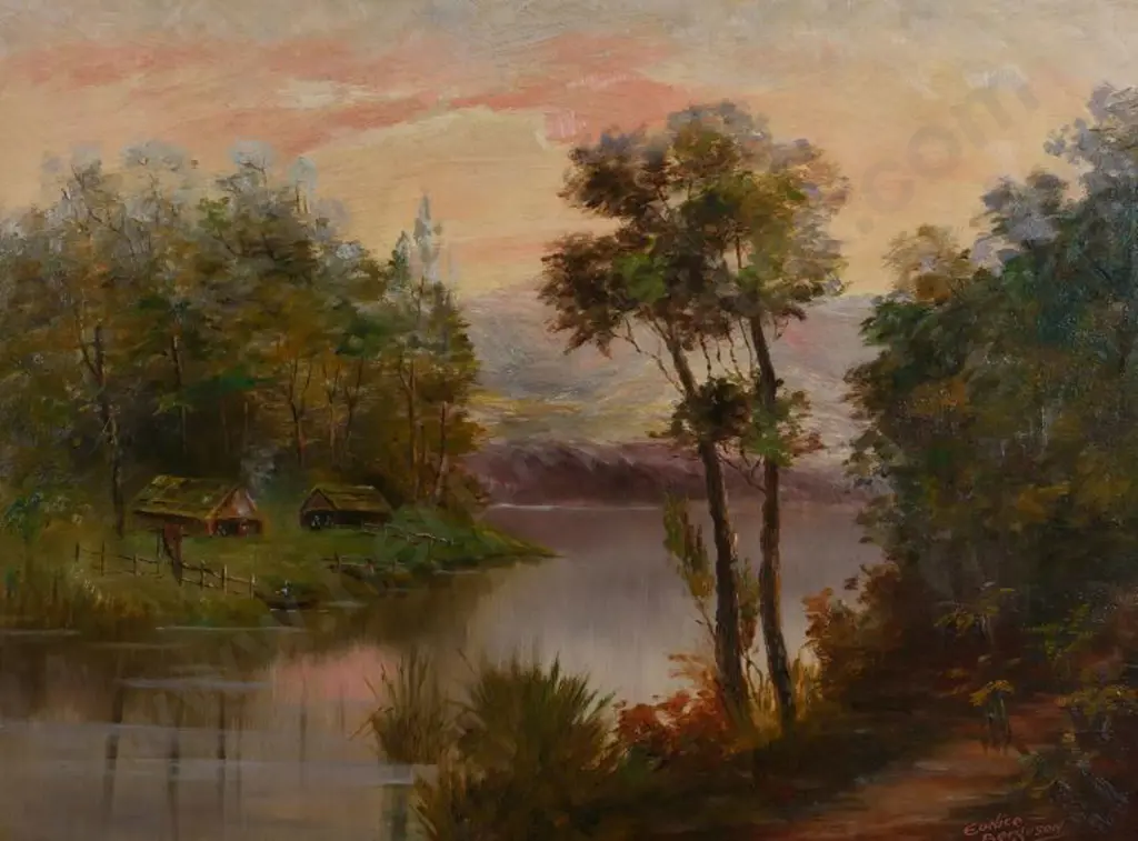 FERGUSON, Eunice - Two Whares on River Image 1++