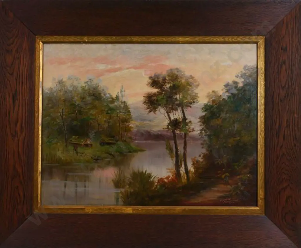 FERGUSON, Eunice - Two Whares on River Image 1++