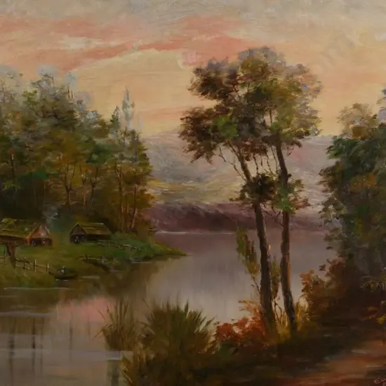 FERGUSON, Eunice - Two Whares on River