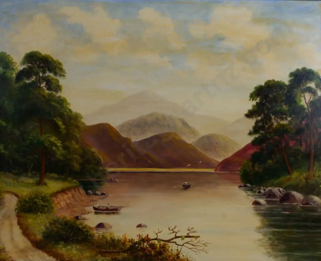 SPINK, George Gold (1889-1962) - Alpine Scene, Fishing on Lake Image 1++