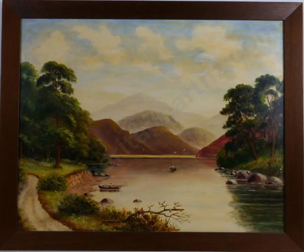 SPINK, George Gold (1889-1962) - Alpine Scene, Fishing on Lake Image 1++