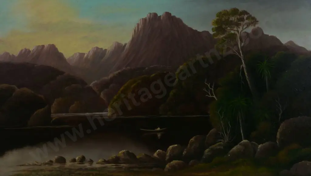 YOUNG, Chas (Active 1884-1918) - Mountains with Canoe on Lake Image 1++