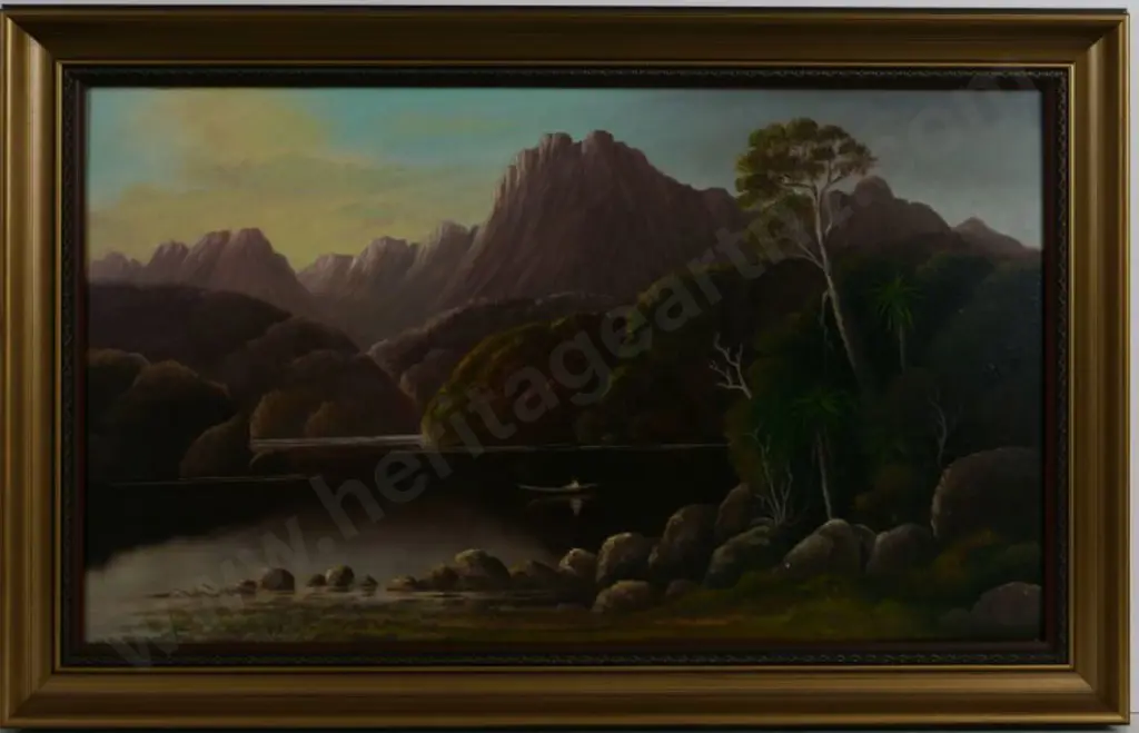 YOUNG, Chas (Active 1884-1918) - Mountains with Canoe on Lake Image 1++