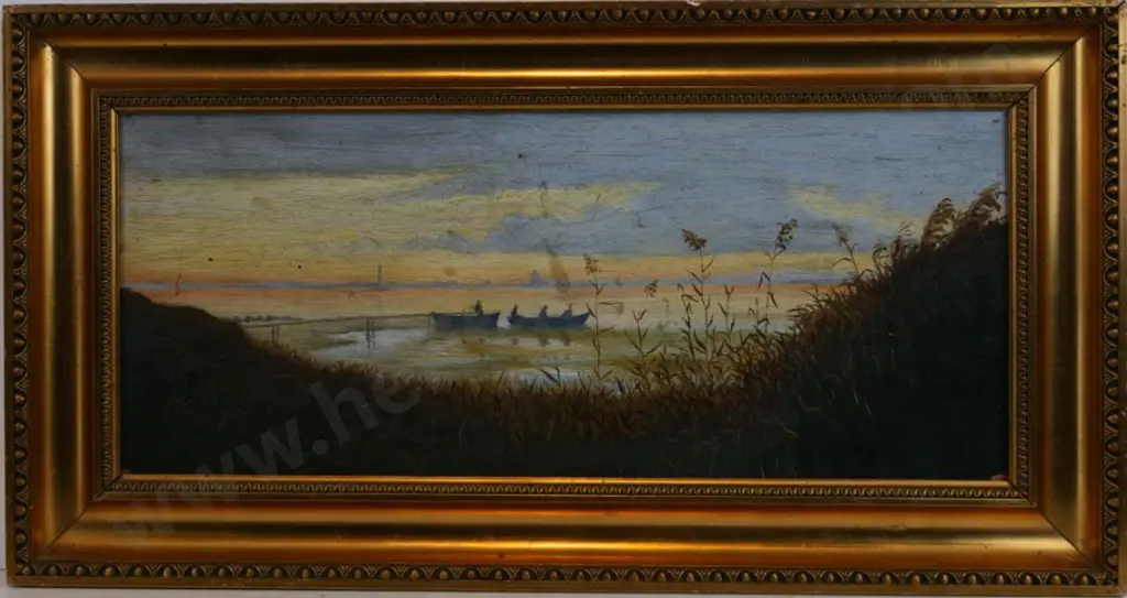 UNKNOWN Artist - Two small boats on Estuary at Jetty with Lighthouse in Distance Image 1++