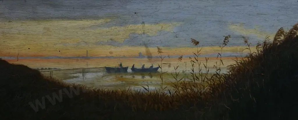 UNKNOWN Artist - Two small boats on Estuary at Jetty with Lighthouse in Distance Image 1++