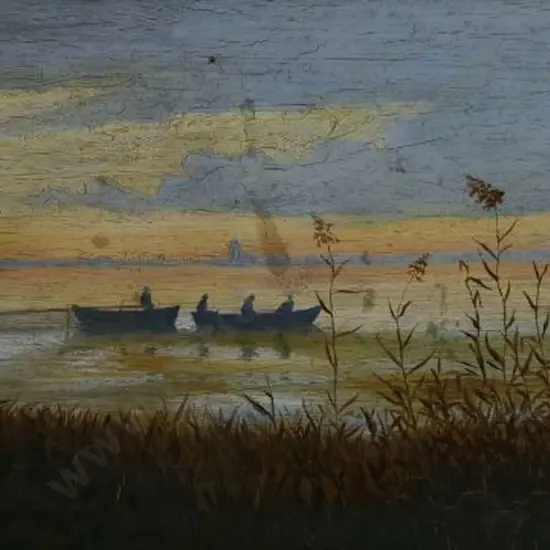 UNKNOWN Artist - Two small boats on Estuary at Jetty with Lighthouse in Distance