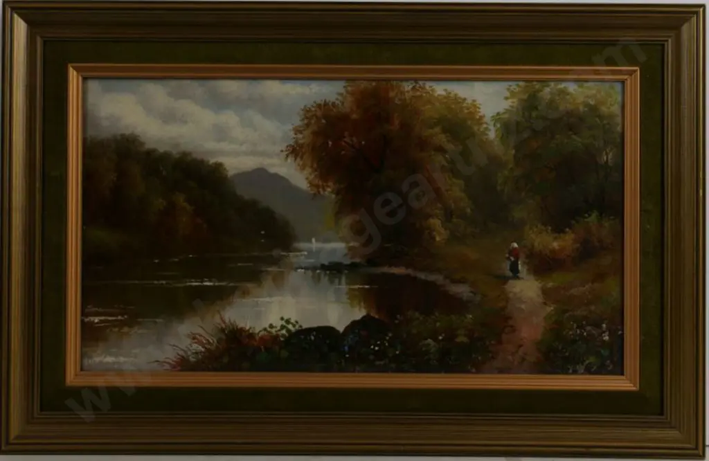 UNKNOWN Artist (Illegible signature) - Womam Walking on Path by Stream - 19th Century Image 1++