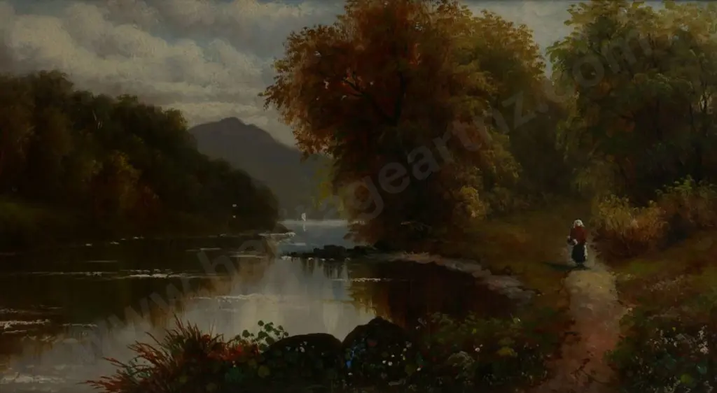 UNKNOWN Artist (Illegible signature) - Womam Walking on Path by Stream - 19th Century Image 1++