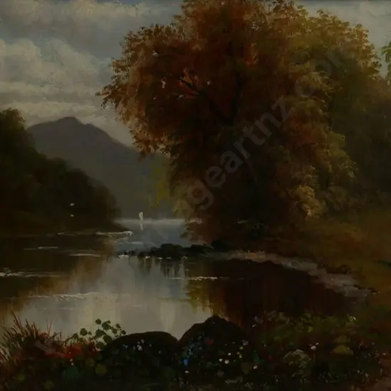 UNKNOWN Artist (Illegible signature) - Womam Walking on Path by Stream - 19th Century