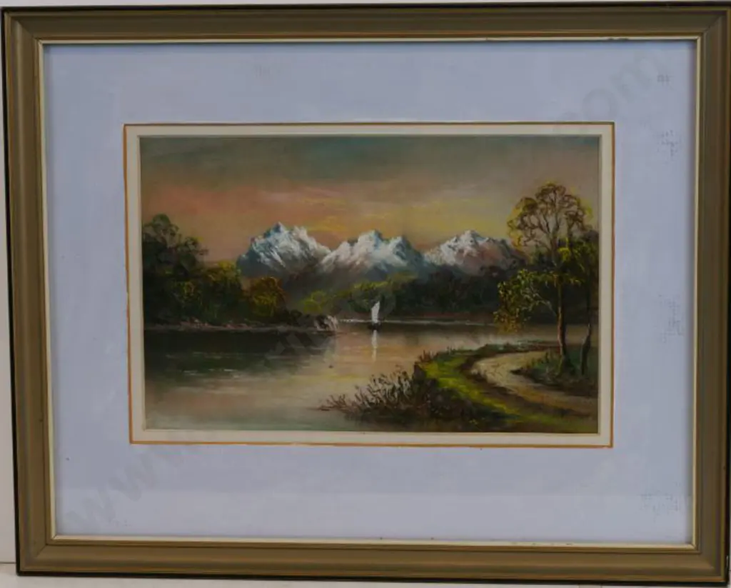 HOLLOBON, Jesse (1860-1945) - Southern Alps with Small Boat on Lake Image 1++