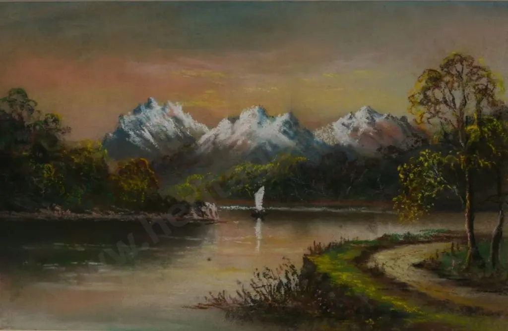 HOLLOBON, Jesse (1860-1945) - Southern Alps with Small Boat on Lake Image 1++